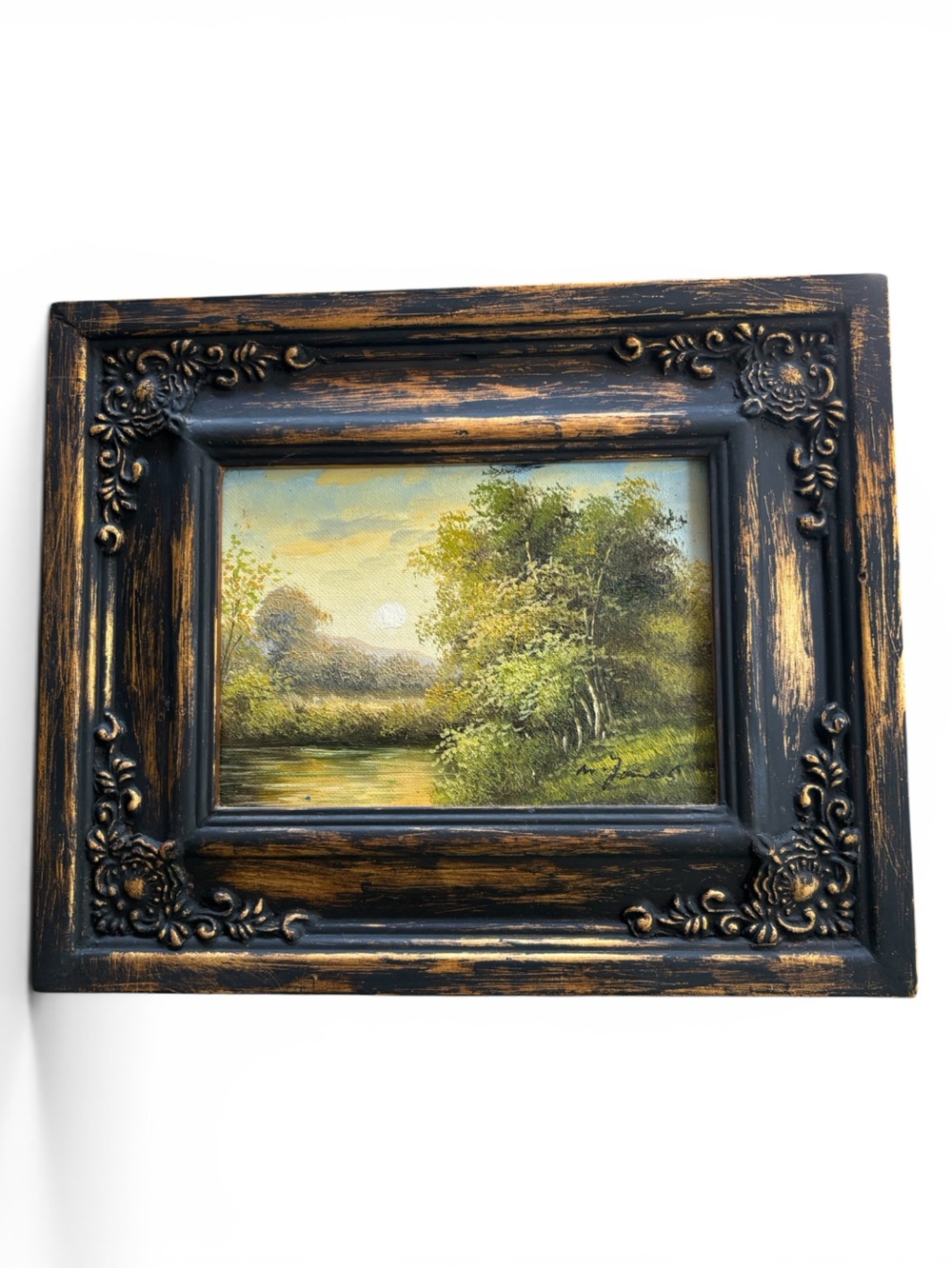 Vintage M James Oil Painting Landscape Ornate Black & Gold  Frame Signed